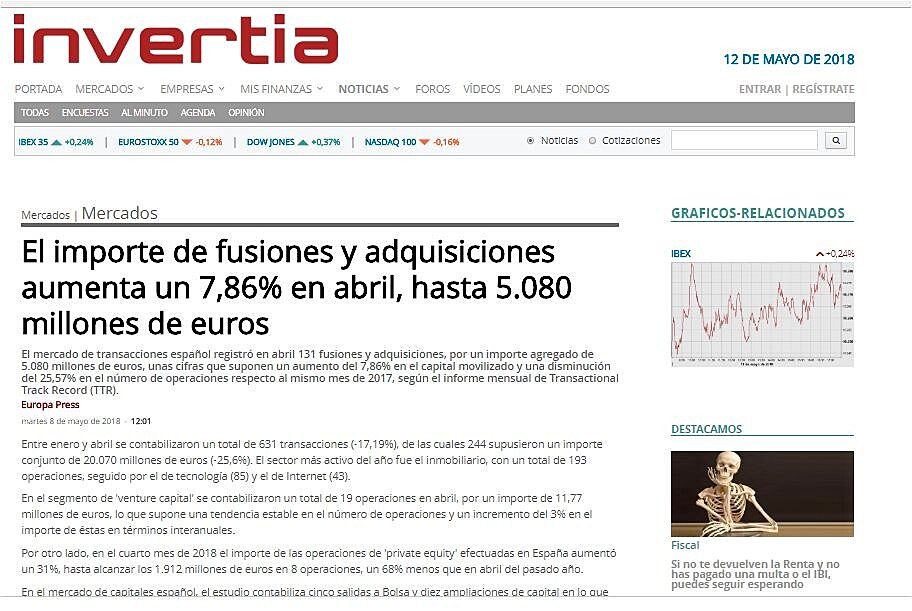 El importe de fusiones y adquisiciones aumenta un 7,86% en abril, hasta 5.080 millones de euros